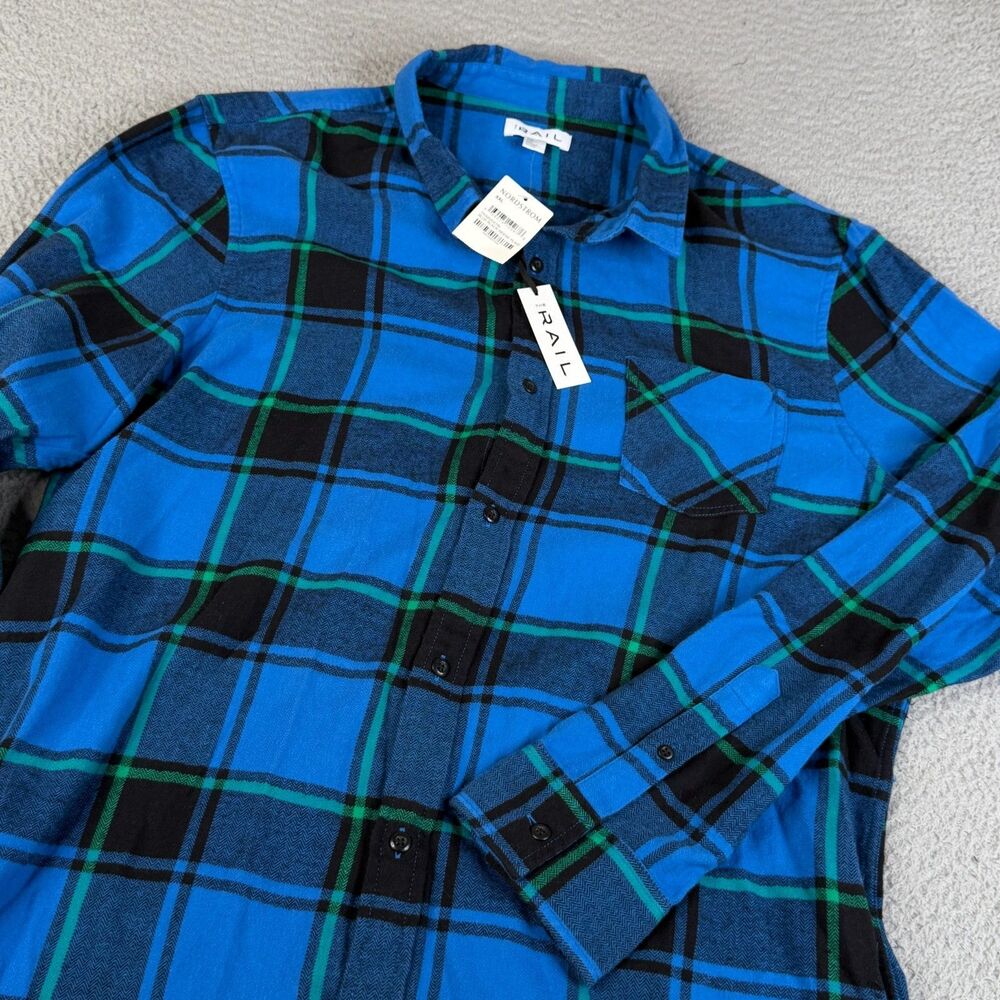 THE RAIL Flannel Shirt Men XXL Blue Plaid Windowpane Long Sleeve Button Workwear